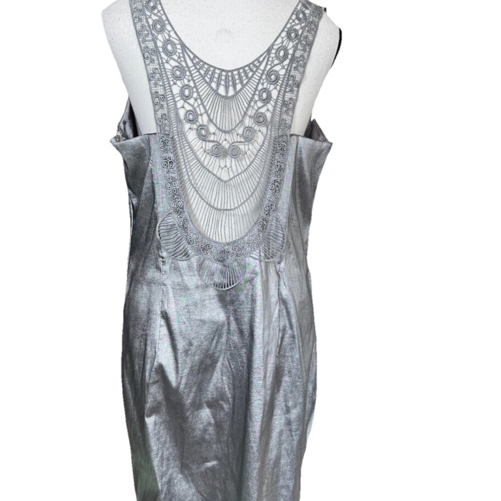 Jessica McClintock Silver Metallic Ruched V-Neck Mini Dress 14 Lace Back Prom - Picture 4 of 9